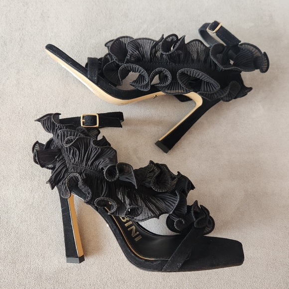 gianni bini franz suede chiffon ruffle dress sandals Gianni Bini Franz Sandals High Heels Size 6 Black Suede Chiffon Ruffle NEW